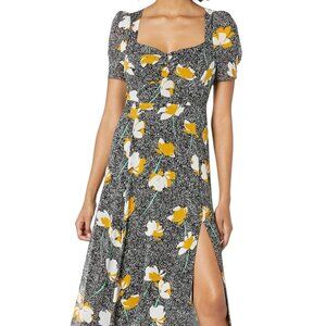 ASTR The Label Zenn Floral Midi Dress Sweetheart Puff Sleeve Black Yellow Small